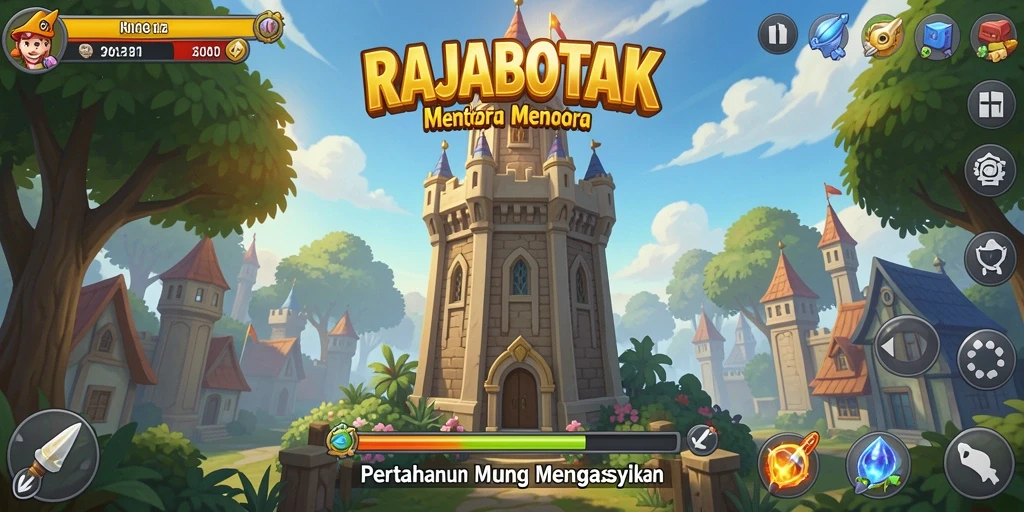 Tampilan gameplay seru dalam <strong>RAJABOTAK</strong> yang menampilkan pertahanan menara.