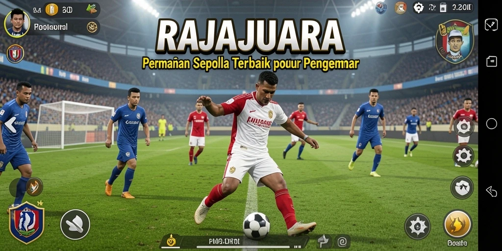 Screenshot utama gameplay RAJAJUARA yang mencerminkan aksi sepak bola.